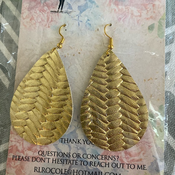 Lightweight Leather Teardrop Gold Handmade Earrings - Picture 4 of 5